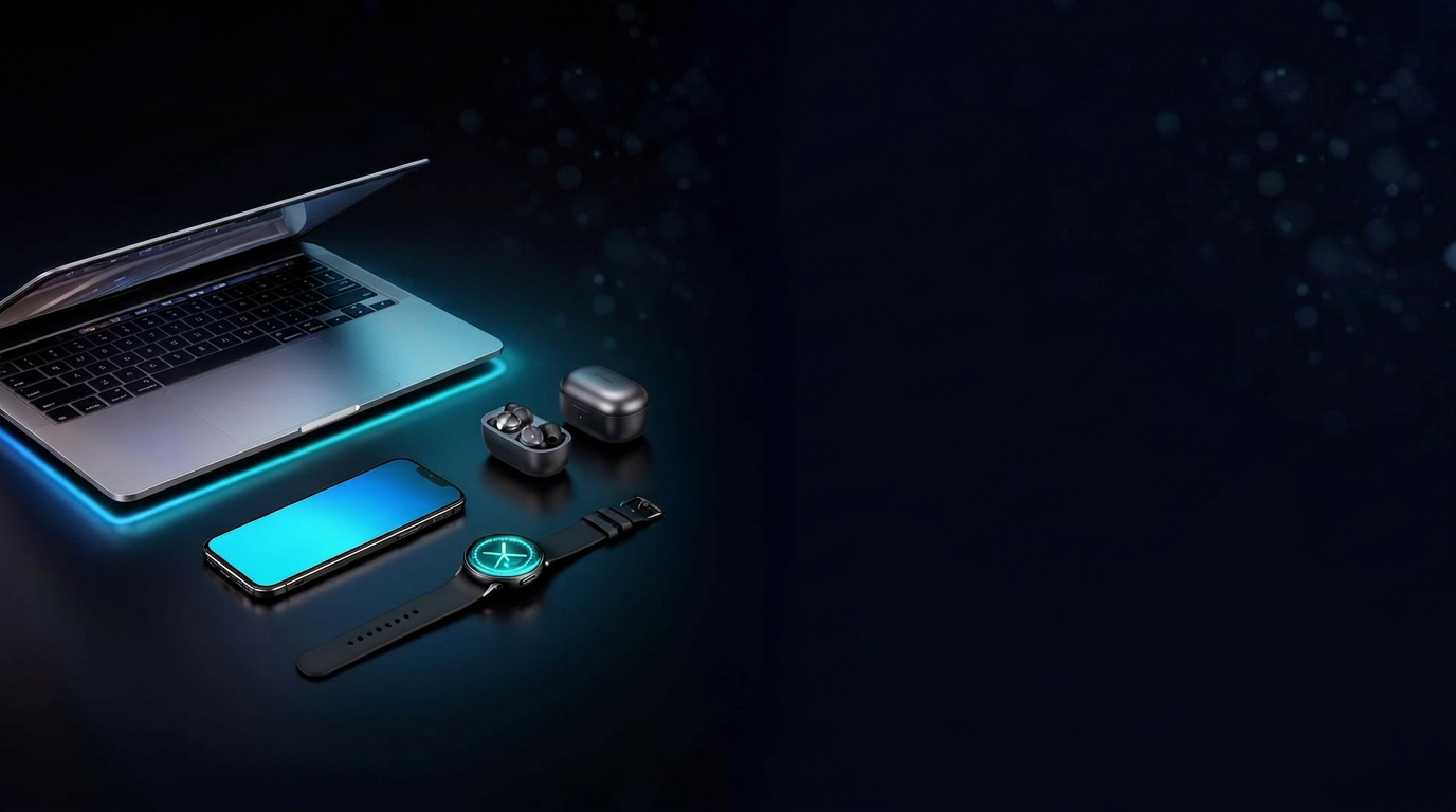 Laptop, smartphone, smartwatch and wireless earbuds on a dark surface